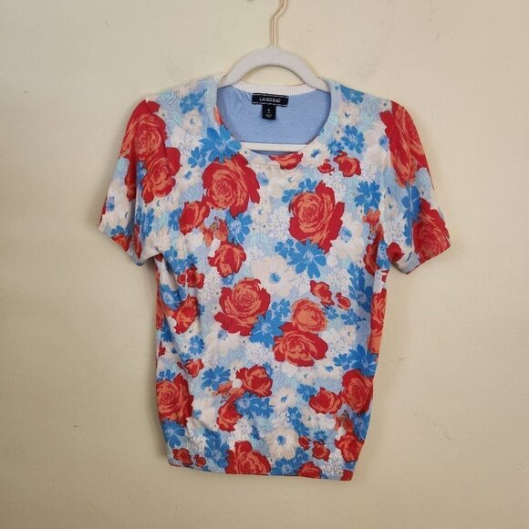 Lands End Stunning Rose Print Cotton Sweater Size S - Picture 2 of 6
